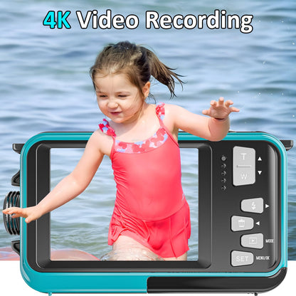 4K Underwater Camera 11FT Waterproof Camera with 32GB Card 56MP Autofocus Dual-Screen Selfie Underwater Camera for Snorkeling Waterproof Compact Floatable Digital Camera 1250mAh Battery Type-C (Blue)