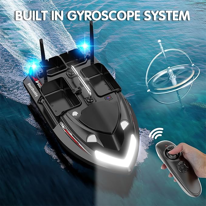 RC Bait Boat for Fishing with 4 Bait Containers 1640FT Remote Range Line Drop Cruise Control Dual 5200mAh Batteries LED Lights Hook Release &amp Carry Bag (Black)