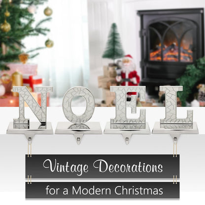 Holiday Jingle Stocking Holder for Mantle – 4pc N O E L Christmas Stocking Holders Nickel – Stocking Holders with Velvet Bottom – Durable Metal Stocking Holders