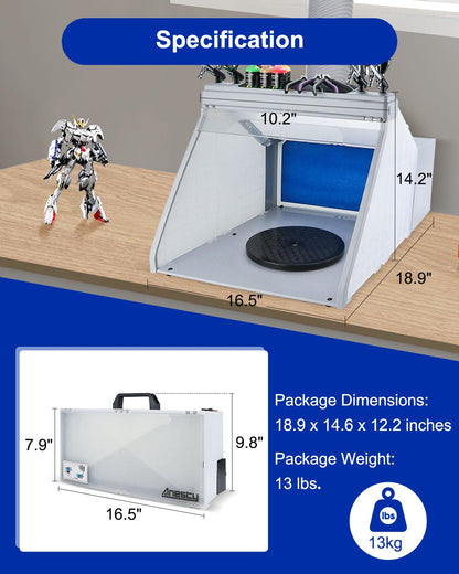 Anesty Airbrush Spray Booth with Bright LED Lights Detachable Tray Turn Table Upward Hose and Extra Replacement Filter, Portable Paint Booth Can be Used with LEDs Only