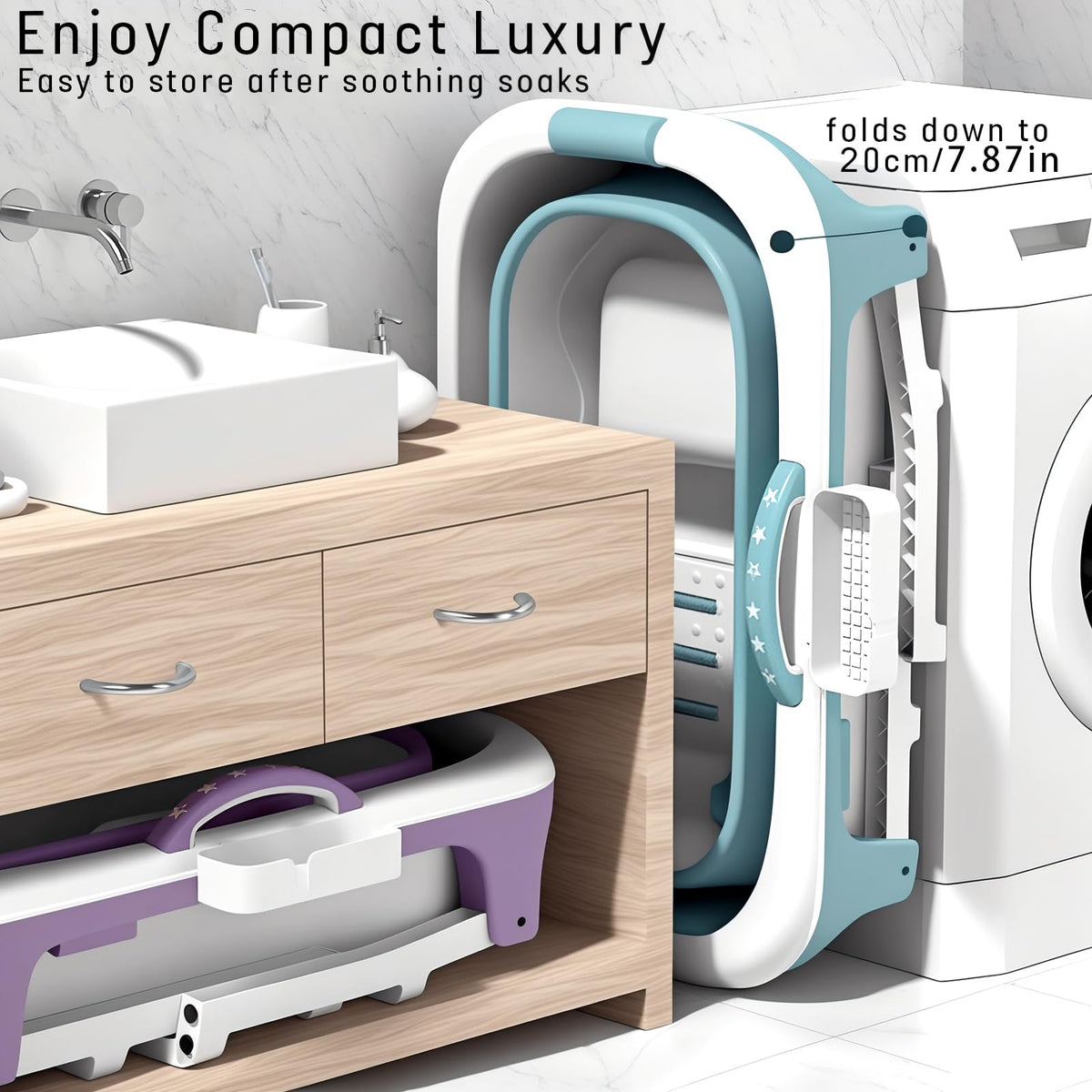 PlayNeew 103cm Portable Folding Bathtub, Small Foldable Soaking Tub with Ergonomic Seat & Massage Roller, Large Collapsible Freestanding Tub for Adults, Hot/Ice Bath Blue