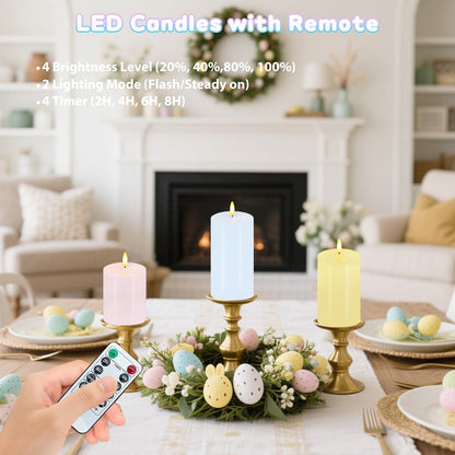 Pastel Flameless Candles, Set of 3 Flickering Easter LED Candles with Remote & Timer, Dimmable Real Wax Electric Pillar Candles Battery Operated, Spring Candles Light for Home Spring Easter Decor
