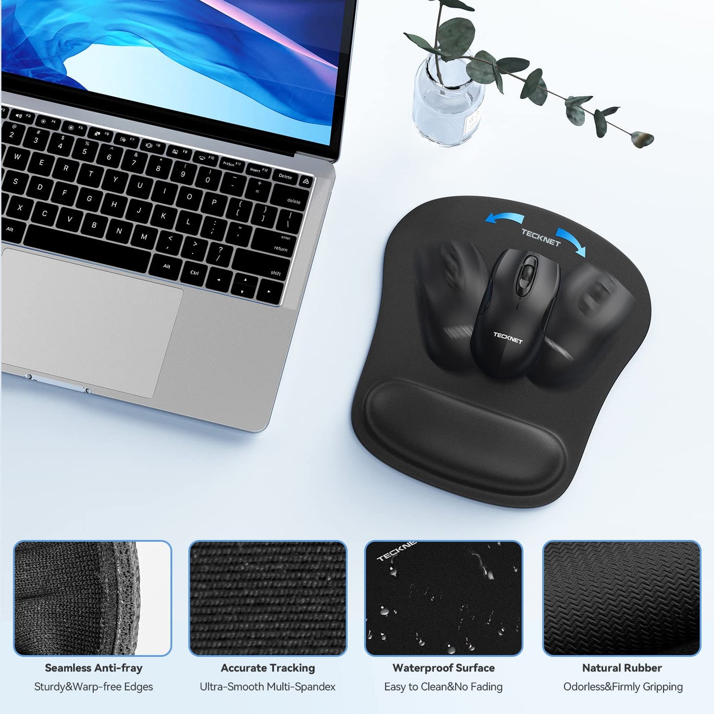 TECKNET Keyboard Wrist Rest and Mouse Pad with Wrist Support, Memory Foam Set for Computer/Laptop/Mac, Lightweight for Easy Typing & Pain Relief Ergonomic Mousepad (Black)