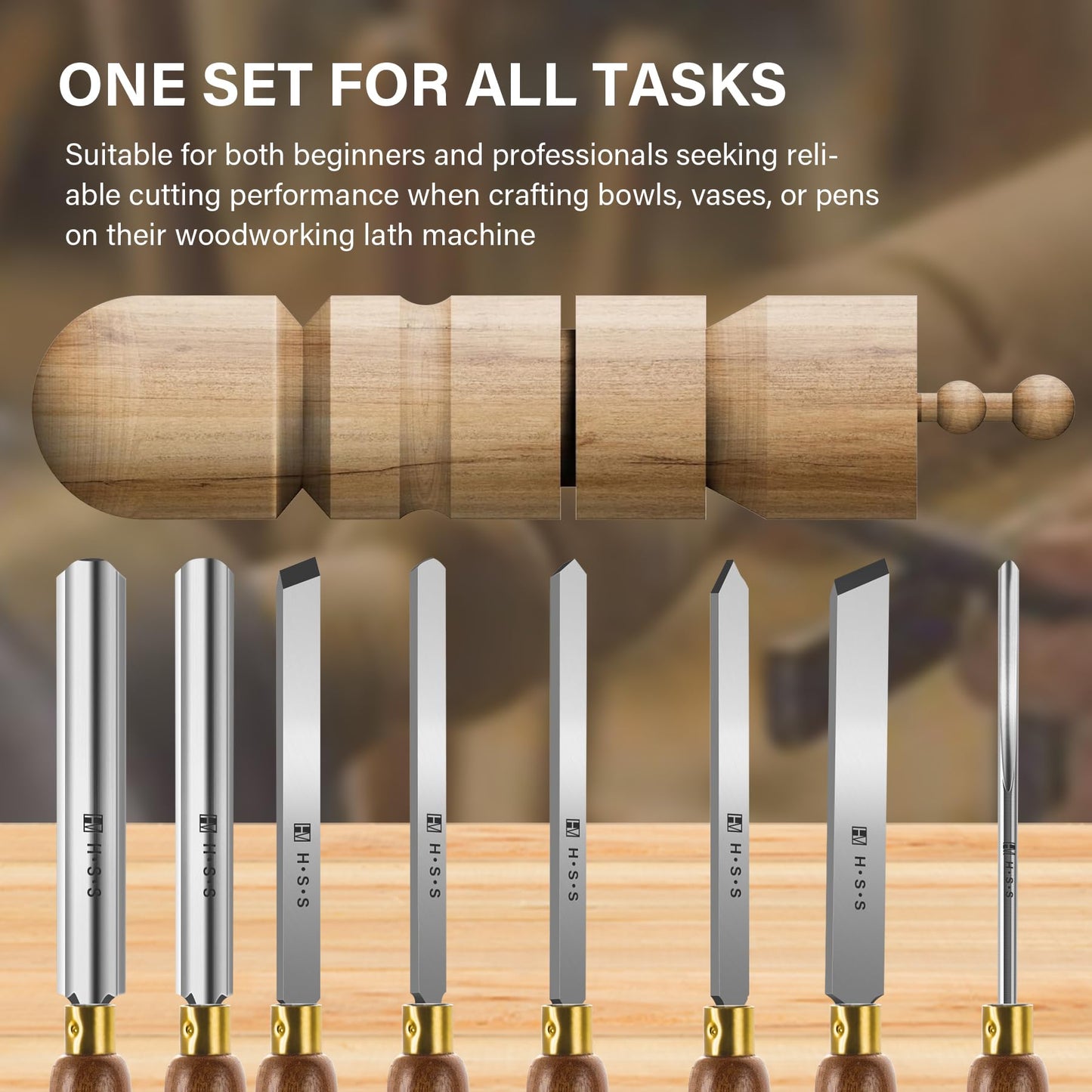 HAUTMEC Expert Wood Lathe Chisel Set 8 PCS, M2 HSS Wood Turning Tools with Teak Handles & Portable Storage Bag, Roughing Gouge, Skew, Parting, Scraper, for Beginners & Professionals - HTWCH25028