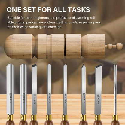 HAUTMEC Expert Wood Lathe Chisel Set 8 PCS, M2 HSS Wood Turning Tools with Teak Handles & Portable Storage Bag, Roughing Gouge, Skew, Parting, Scraper, for Beginners & Professionals - HTWCH25028