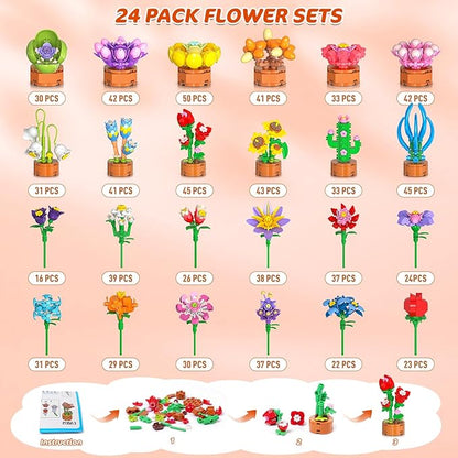 24 Pack Easter Basket Fillers Flowers Party Favors for Kids Building Set - 827PCS Botanicals Succulent 3.6MM Mini Building Blocks Toy for Goodie Bag Stuffer Classroom Prize Gift for Kids Girls Boys 6+