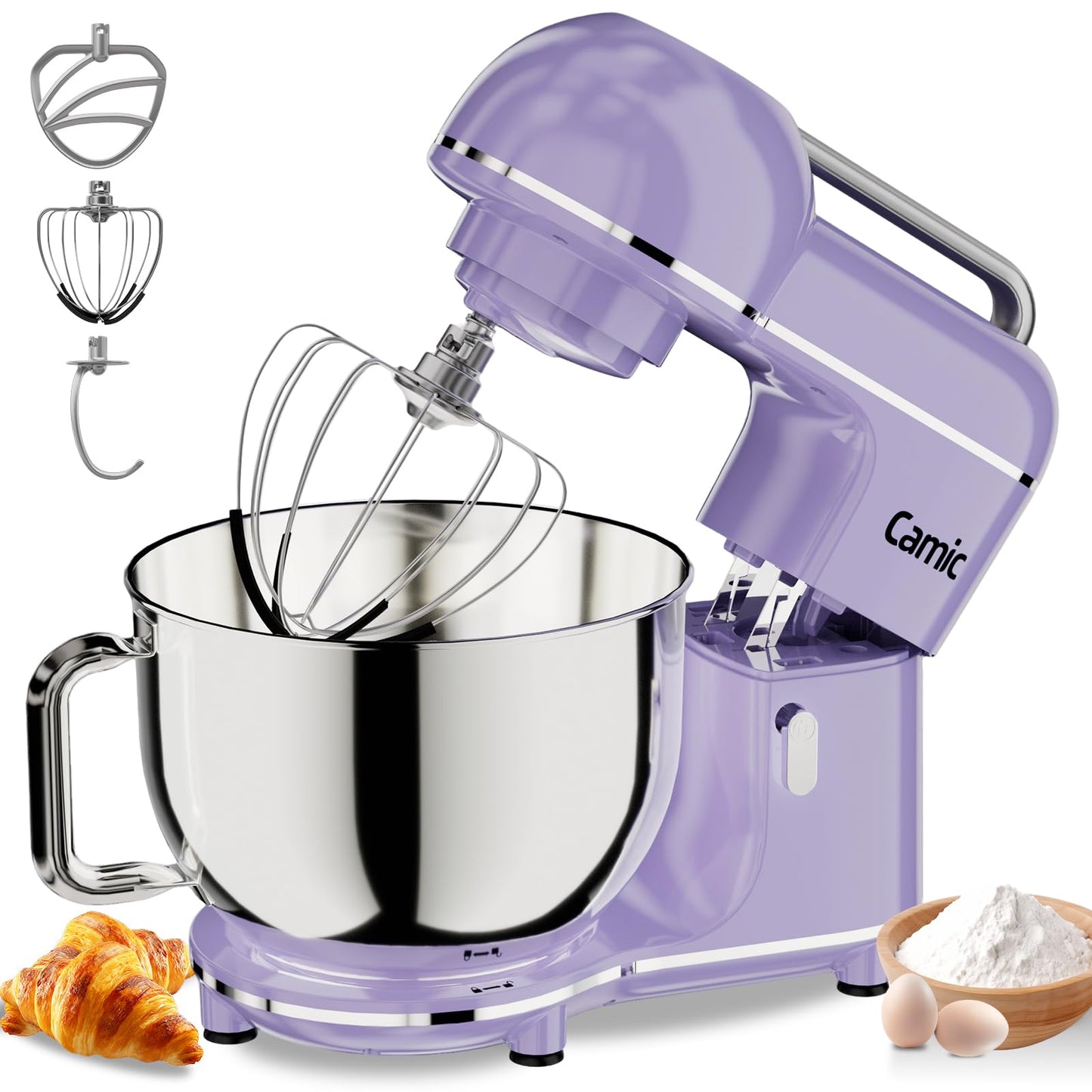 Camic Electric Stand Mixer,7.45 QT,10 Speeds with Dough Hook,Whisk, Flat Beater Attachments, Splash Guard, Easy-Carry Top Handle,3-IN-1 Kitchen Mixer for Baking Cakes Cookie Bread Salad (Purple)
