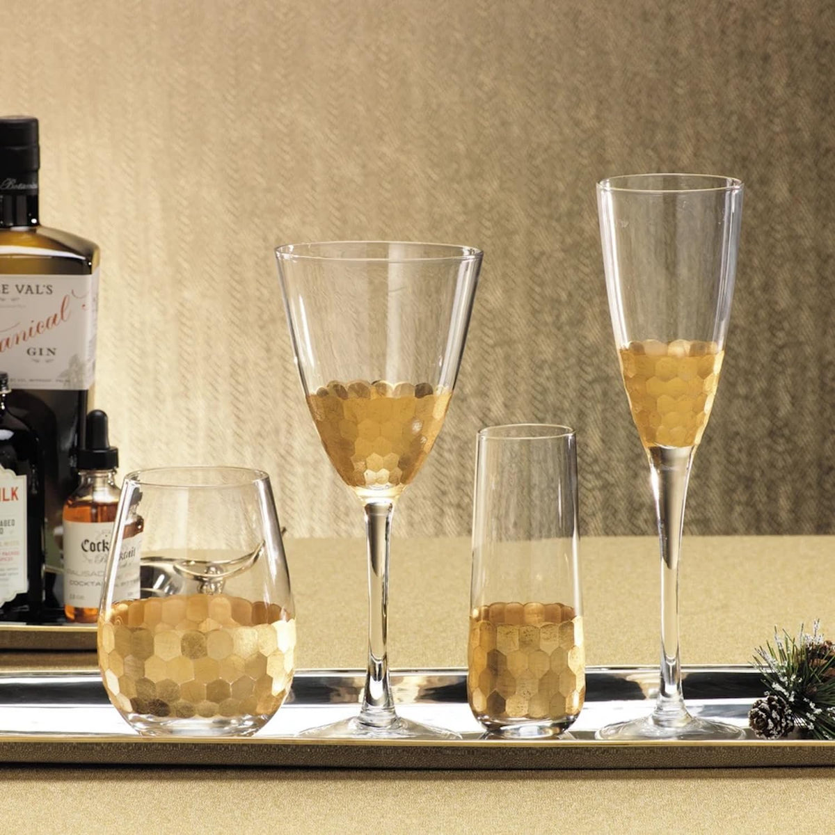 Zodax Fez Cut Stemless Glasses with Gold Leaf | Set of 6 (Wine or All Purpose)
