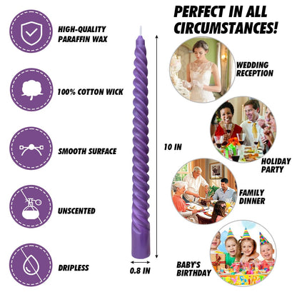 6 Pack 10 Inch Purple Spiral Taper Candles for Celebrations and Religious Ceremonies, Unscented Dripless Twisted Candlesticks for Dinner Decorative Accents Relaxation and Meditation