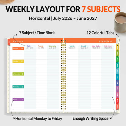 SUNEE Teacher Planner 2026-2027 Academic Year, Lite Lesson Planner Book with 7 Periods Jul 2026 - Jun 2027, 8.5"x11" Daily Weekly and Monthly Organizers, Plan Book with Pocket, Tabs, Floral Stripes