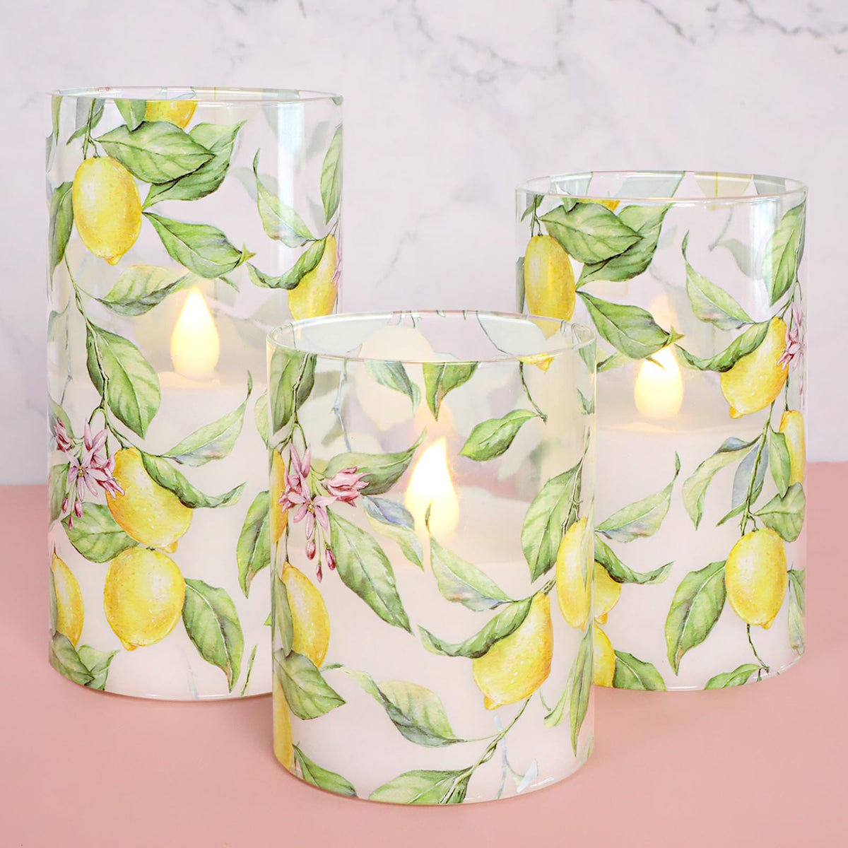 FLAVCHARM Lemon Glass Flameless Candles with Remote Timer Battery Operated LED Flicker Real Wax Pillar Candles Spring Summer Lemonade Party Kitchen Table Dinner Christmas Holiday Decor D3 x H4, 5", 6"