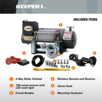 KEEPER KW 17.5 Electric Winch 17,500 lb 12V DC with Wireless Remote, Heavy-Duty Single Line Pull for Trucks, Jeeps, and SUVs, High-Performance Recovery Winch with Weather-Resistant Steel Cable