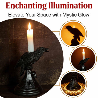 Gothic Decor Halloween Raven Candle Holder Crow Statue – Witchy Occult Home Décor,Skull Spooky Tabletop Furniture(Raven)