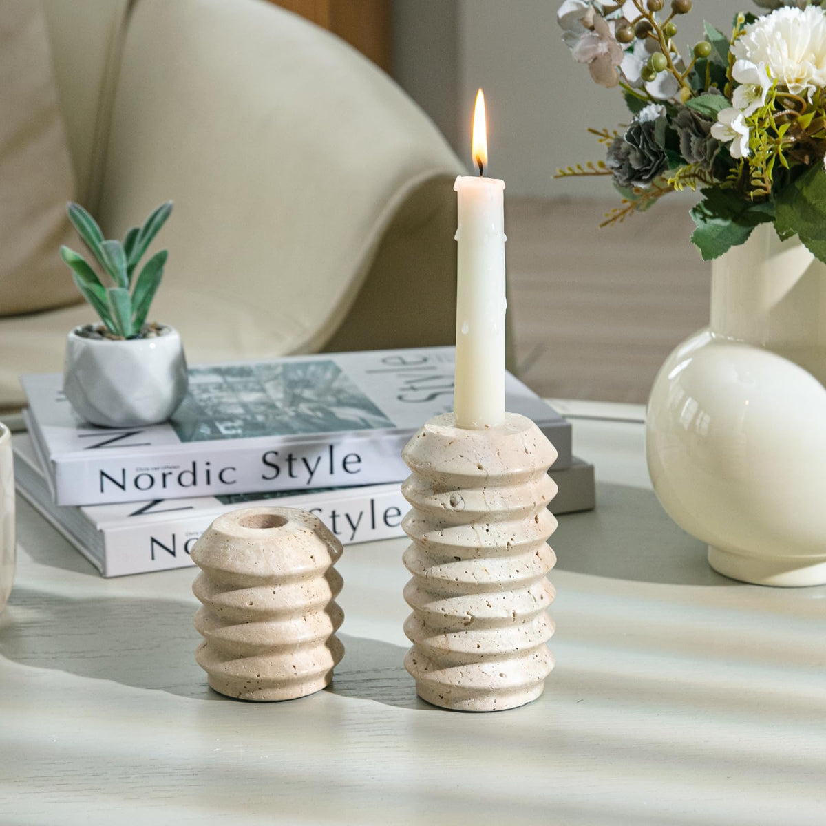 WORHE Candle Holders True Natural Travertine Stone 0.4" Thick, Set of 2 Premium Marble Candlestick Holder for Wedding Dinning Party, Candle Stand for 3/4 inch Thick Candles Color White (ZT002)