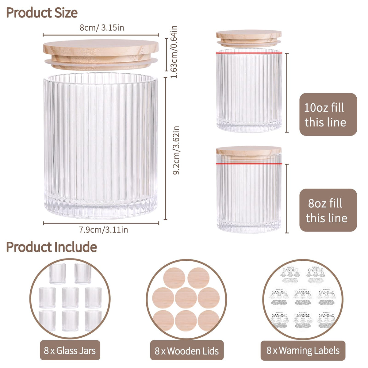 sunnyfuture 10 OZ Clear Candle Jars for Making Candles Set of 8, Ribbed Glass Candle Jars with Wood Lids and Labels, Candle Containers for DIY, Gifts, Home Decoration