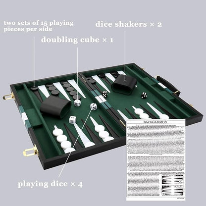 Backgammon Set - Classic Board Game with Premium Leather Case - Portable Travel Strategy Backgammon Game Set for Adults Kids - Suitable as (15inch Black)