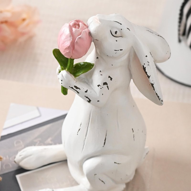 Valery Madelyn Easter Bunny Decorations for Home, Medium White Couple Rabbits Figurine Tabletop Decor, 2Pcs Cute Easter Gifts Resin Statues for Spring Holiday Indoor Party Table Centerpieces, 6"