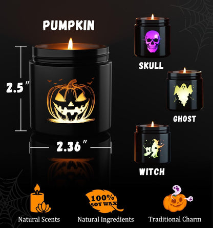 Halloween Decor Indoor-4 Pack Candles Set, LED Scented Candle,Halloween Gifts with Pumpkin|Skull|Ghost|Witch|, 80H Lasting Burn Candles for Home Decorations Indoor