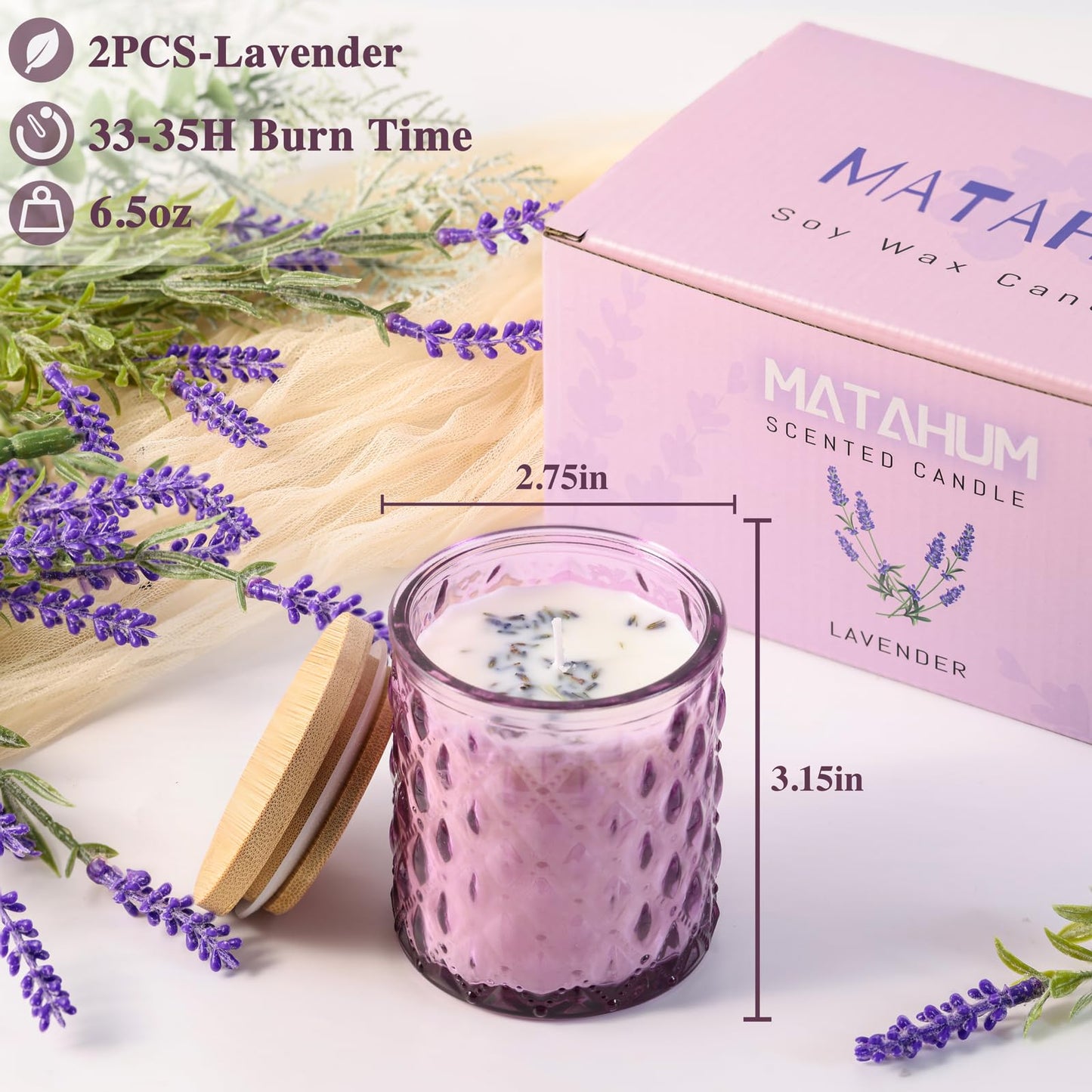 MATAHUM 2 Pack Lavender Scented Candles for Home Decor, 6.5oz Natural Soy Wax Aromatherapy Jar Candles, Lavender Candle for Relaxing Meditation, Birthday Housewarming Giftable for Women