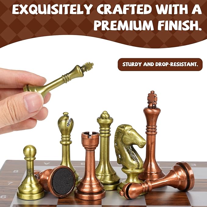 10 Travel Metal Chess Set – Folding Portable Chess Board with Storage Case Weighted Metal Chess Pieces &amp 2 Extra Queens – Mini Chess Game for Kids &amp Adults