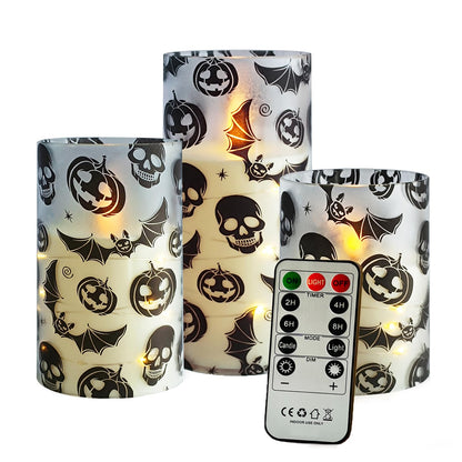 Flickering Flameless Candles Halloween Bat Embedded Star String Lights, Battery Operated Acrylic LED Pillar Candles with 11-Key Remote and Timer for Home Decoration, 3 Pack