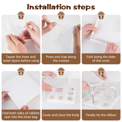 LLOERE 3 Pack Bento Cake and Cupcakes Box with Gift Ribbon, Clear Window 1+5 Combination Bento Boxes, 6 Holes Fit 5 Cupcake Containers and 1 Mini Cake(4-5in) for Birthday Party Baking Supplies