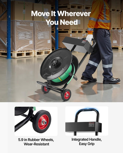 VEVOR Banding Strapping Cart, Fit for PET/PP/Polyester Strapping Coils with 8 inches Core Size, Heavy Duty Strapping Dispenser Equipped with Upgrade Brake System, Built-in Spacious Tray for Tools