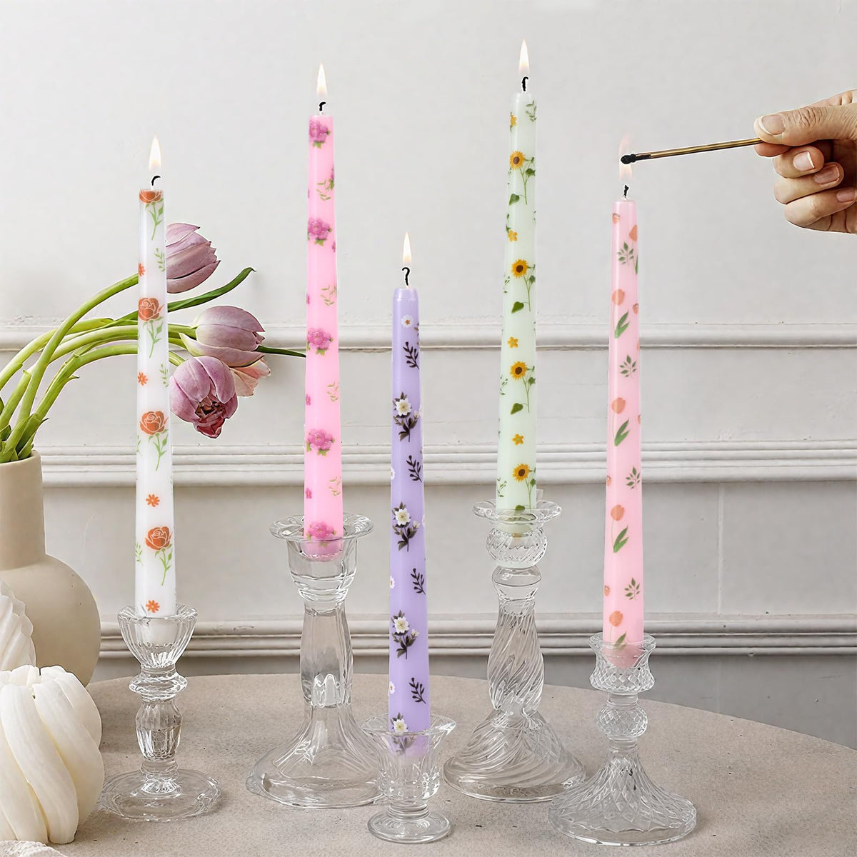 Taper Candles,10 inch 2pc Pink Tapered Candles with Peony Printed, Unscented and Smokeless Long Burning Candles,Tall Candlesticks with Cotton Wicks,Ideal for Weddings, Home Décor