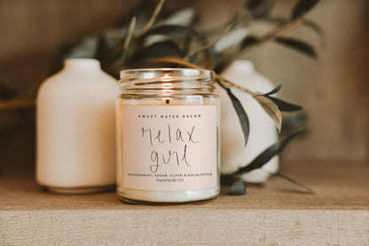 Sweet Water Decor Relax Girl, Peppermint, Cedar, Clove, and Eucalyptus Scented Soy Wax Candle for Home | 9oz Clear Jar, 40 Hour Burn Time, Non Toxic, Made in the USA
