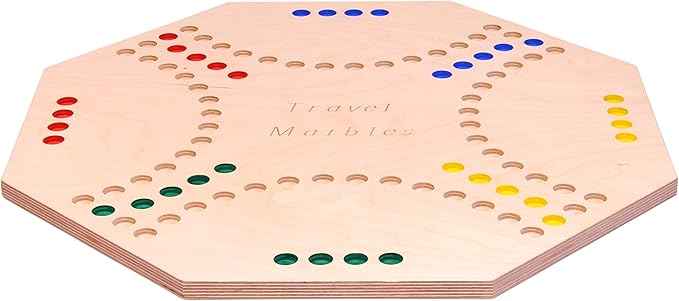 AmishToyBox.com Travel Marble Chase (Cards N' Marbles) Wooden Board Game Set - Double-Sided 23 Wide Board - Includes Carry Bag Marbles and Playing Cards