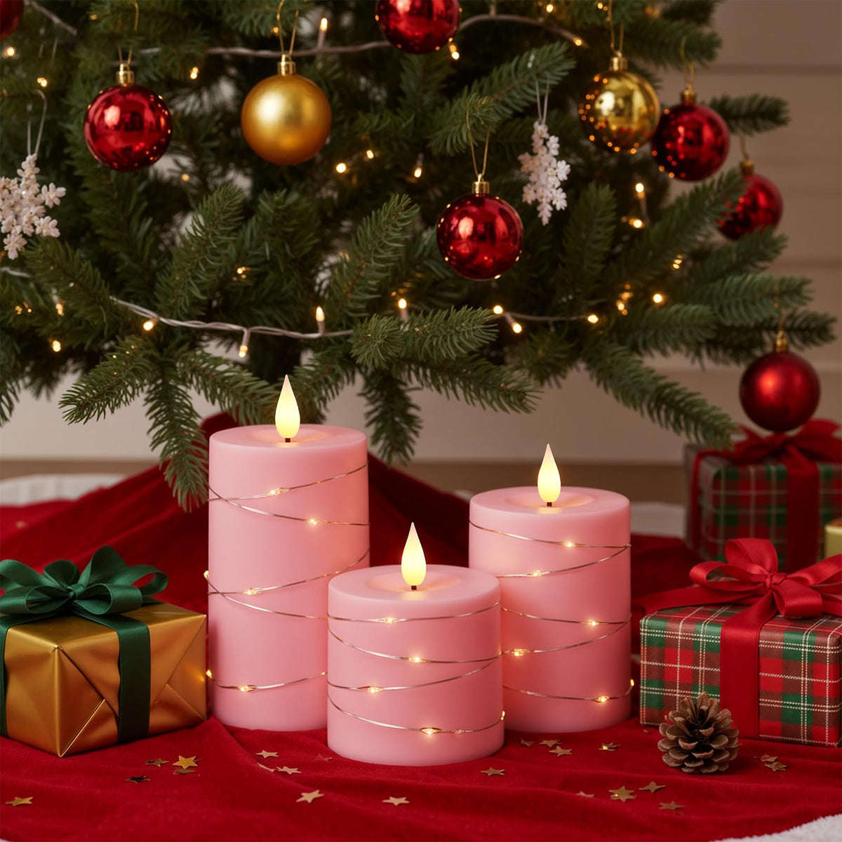 Raycare Easter Pink Flameless Candles with Remote Timer, Flickering Battery Operated LED Pillar Fake Candle with String Lights for Home Decor, Christmas, Wedding and Gift, Set of 3