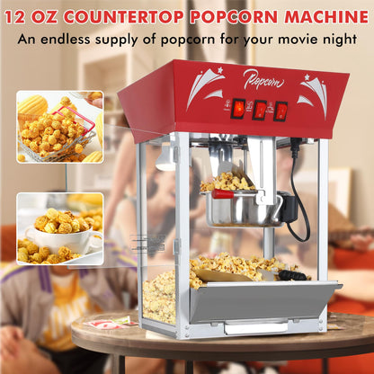 Popcorn Maker Machine,12 Ounce Kettle Stainless Steel Commercial Popcorn Machine with Tempered Glass,Warming Deck, 900W Countertop Popcorn Popper for Parties (Red, 12 Ounce)