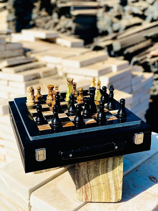 Marble Chess Set Handmade Onyx Full Chess Game Set.Comes in Rexine Box Packaging. Perfect for Gifting (Black Multigreen)