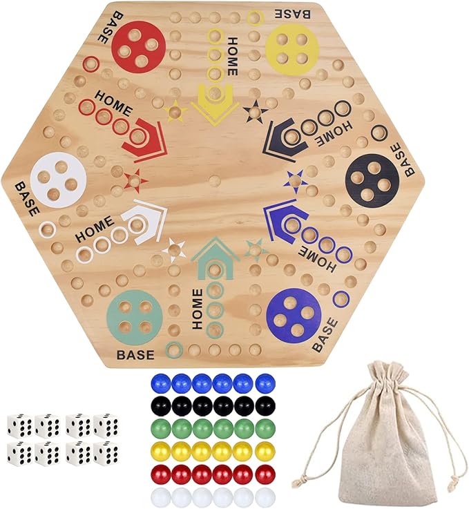 24 Wooden Wahoo Board Game Double-Sided for 4 or 6 Players Fast Track Board Game Original Marble Game Set with 36 Marbles 8 Dice for Family Night Parties and Adult Gifting