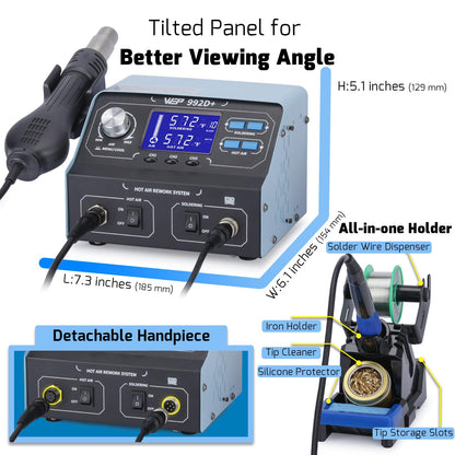 WEP 992D+ 2-in-1 Soldering Iron Kit and Hot Air Rework Station with 3 Preset Channels, LCD Display, Interchangeable Handles, Sleep Mode, X-2 Iron Holder, 5 Iron Tips, Desoldering Pump and Tweezers