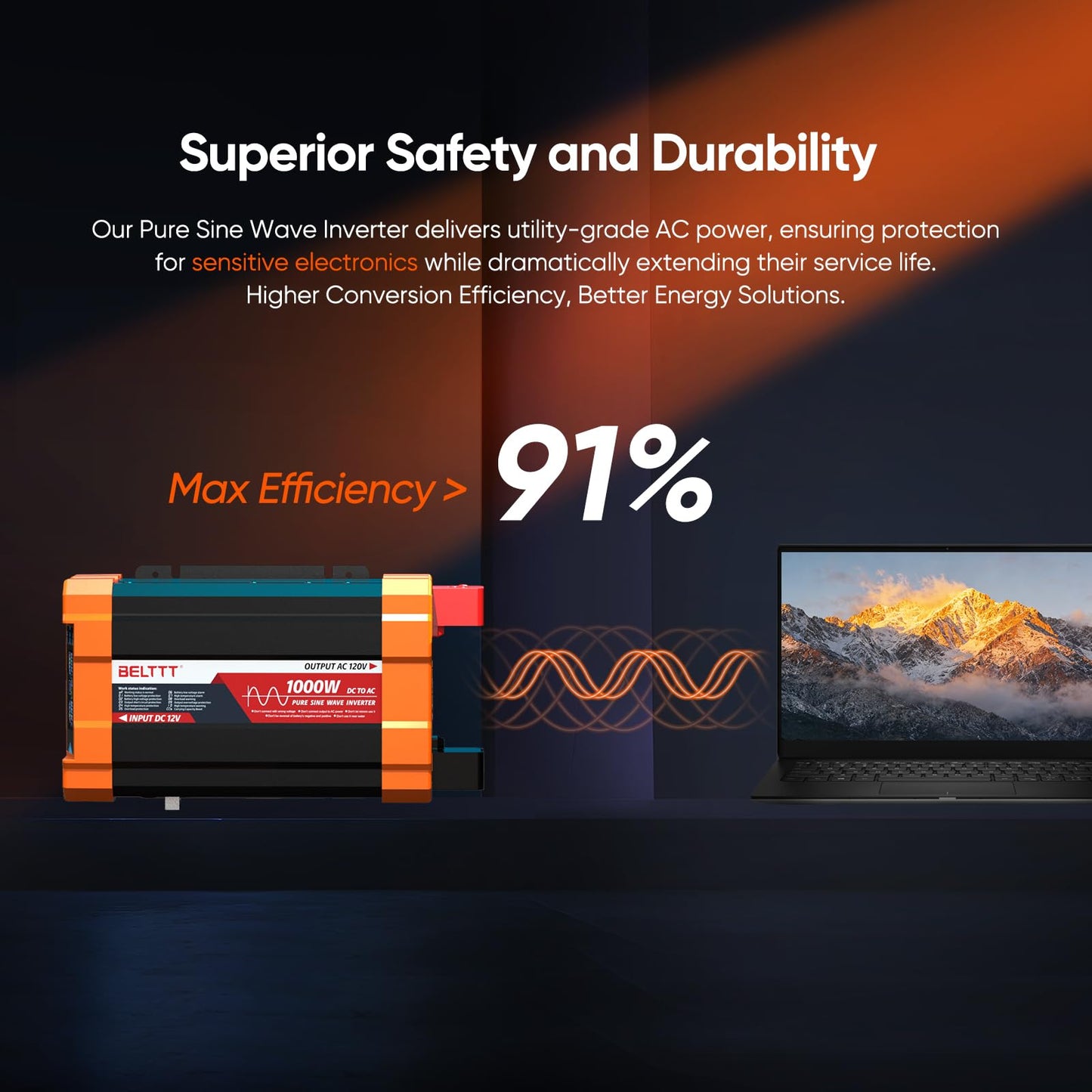 BELTTT 1000Watt Pure Sine Wave Inverter 12V DC to 120V AC for RV, Truck, Off-Grid, Solar Inverter 12V to 110V Converter with Dual AC Socket and 5V 2.1A USB, Power Inverter, Intelligent LCD, 2000W Peak