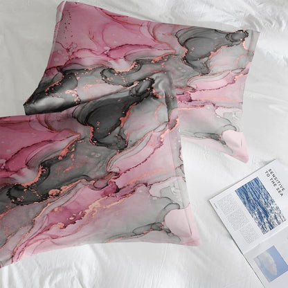 Nesphy Gray Pink Marble Comforter Set Queen Size, Natural Luxury Golden Abstract Soft Bedding Set with 2 Pillowcases for Adults Bedroom Bed Decor