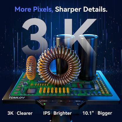 TOMLOV 3D Digital Soldering Microscope: Magnetic Dual Lens Micro Scope TM3K-3D Max For Adult, Coin Microscope with Flex Arm, 3K 10.1-Inch IPS Screen, HDMI/USB Output, Gooseneck Light, Repair Mat, 16GB