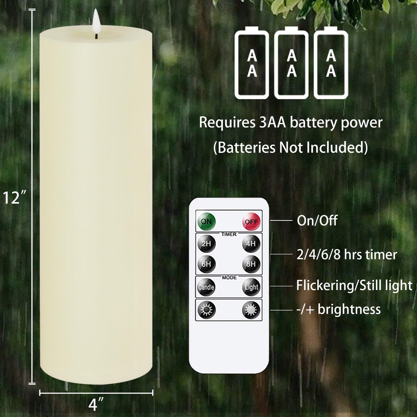 Zevanor 4" x 12" Flameless LED Waterproof Remote Pillar Candle, Timer Battery Operated Flickering Large Plastic Ivory Outdoor Candle (Long Lasting 420 Hours, Pack of 1)