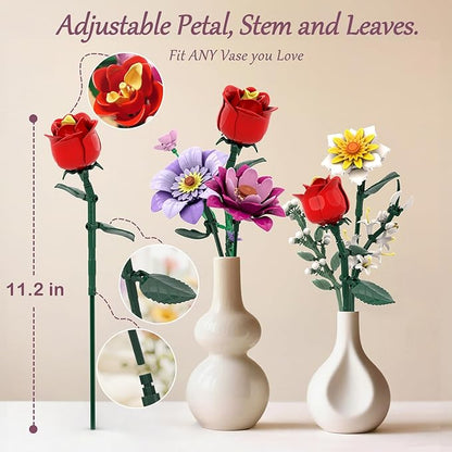 2 in 1 Vase Flowers Bouquet Building Set 16 Flowers Bouquet Sets for Adults &amp Women Compatible with Lego Flowers Bouquet Valentine's Day Gift for Her Girlfriend Wife 1278 PCS