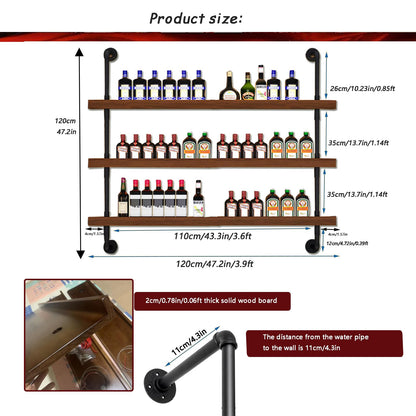 Dawselod Solid Wood Wine Racks Wall Mounted with LED Lights, Metal Wine Bottles Display Shelf, Industrial Floating Lighted Bar Shelves Liquor Rack for Home & Dining Room (120cm/47.2in)