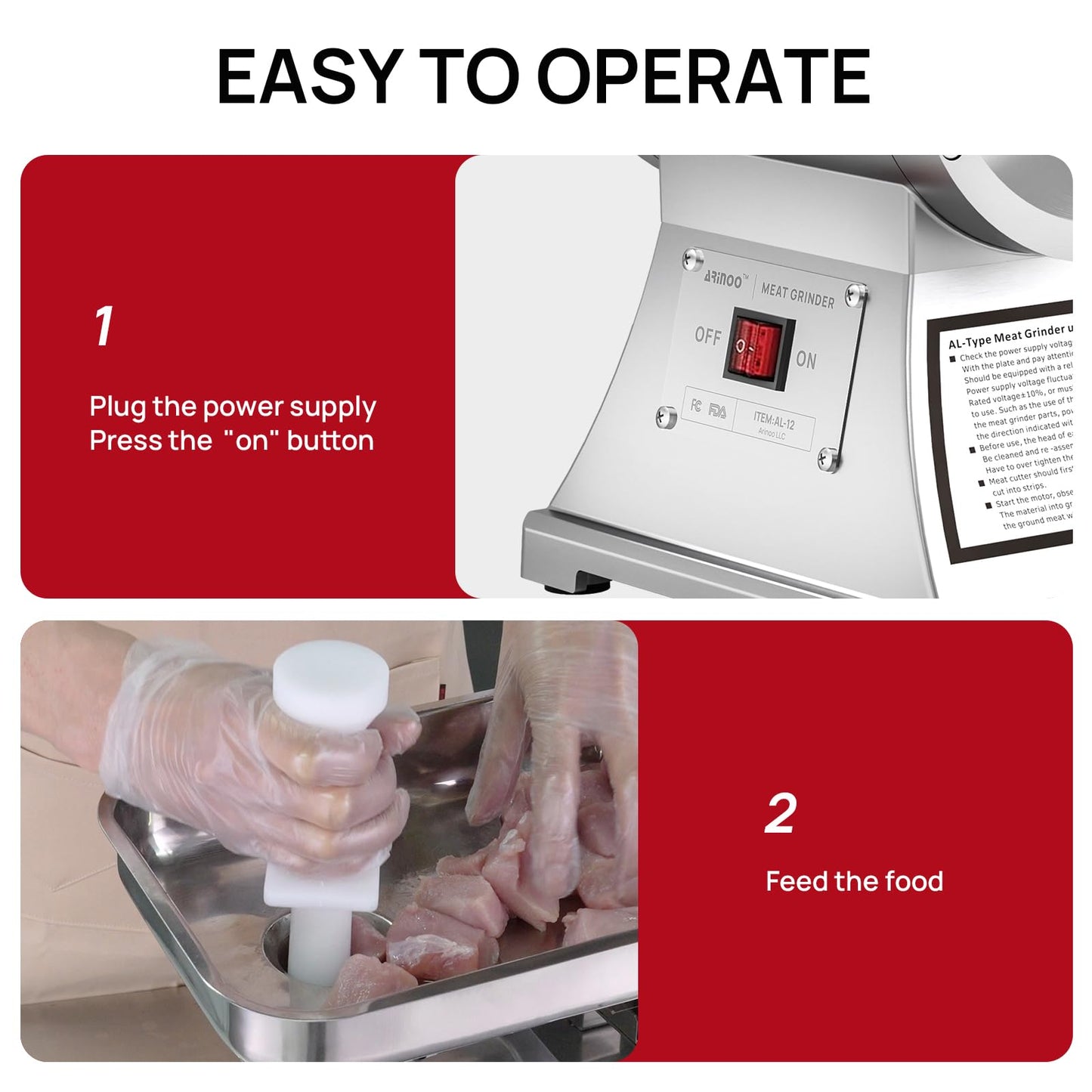 ARINOO Commercial Meat Grinder #12, 0.9HP Heavy Duty Stainless Steel Industrial Meat Mincer w/2 Blades & Meat Pusher,Electric Meat Grinders for large batches home butchering, or small farm processing