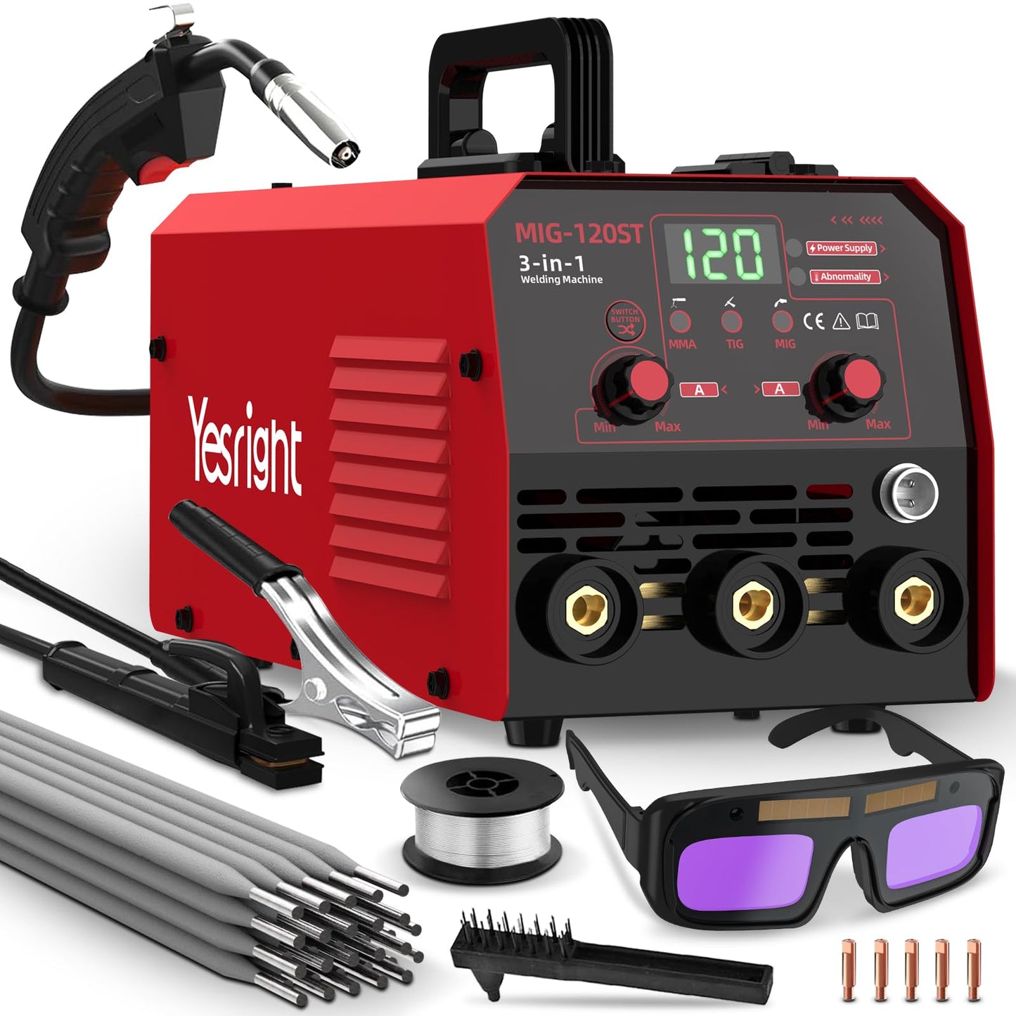 YesRight 120A Mig Welder, 3 IN 1 Gasless Flux Core MIG/Lift TIG/Stick Welder Machine with Synergy, 110V Multiprocess Welding Machine with Welding Googles Rods Wire for Beginners & Professionals