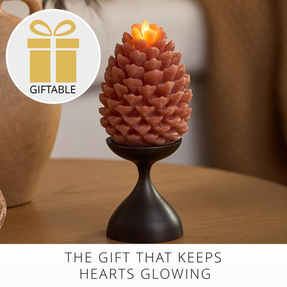 Luminara Flameless Candle 4.7" x 6" Battery Operated with Timer Real Wax Unscented LED Pinecone Caramel Café Chalky Finish Pine Cone Figural Holiday Decoration Rustic Centerpiece Table Decor