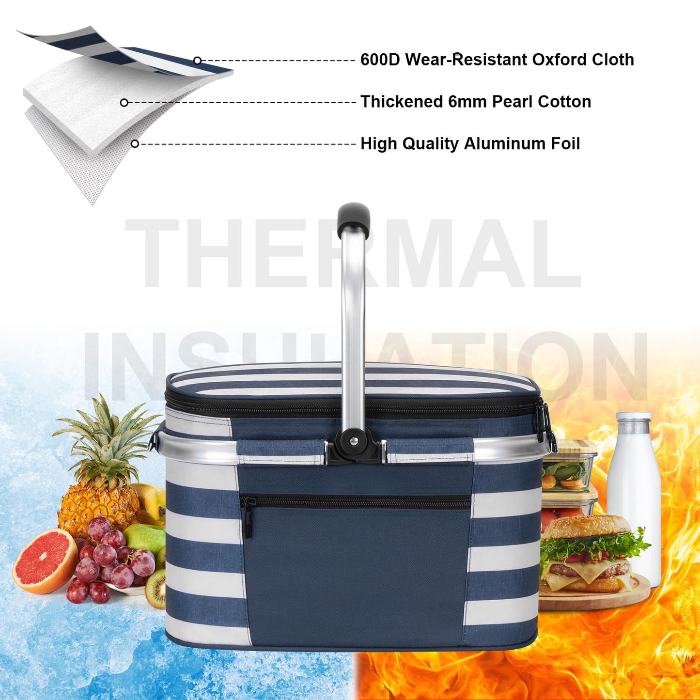 ALLCAMP Picnic Basket - Insulated Cooler, Thickening Foldable Picnic Basket with Removable Baskets & Sewn-in Frame, Basket for House Warming Gifts New Home(Blue and White)