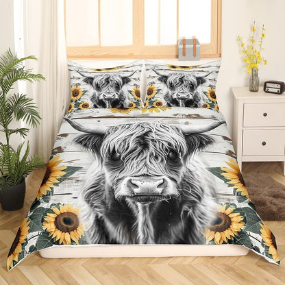 Highland Cow Bedding Set Kids Farm Highland Cattle Comforter Cover Set for Girls Women Sunflower Farmhouse Style Duvet Cover King Size Breathable Wood Grain Bedspread Cover Room Decor Quilt Cover