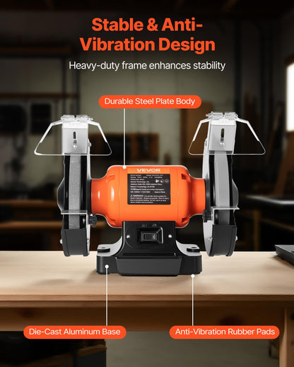 VEVOR Bench Grinder, 8-inch Single Speed, 3450RPM High-Speed Table Grinders with 550W 4.5A 3/4Hp Induction Motor, 36/60-Grit Grinding Wheel & Adjustable Eye Shield for Fast Sharpening Grinding