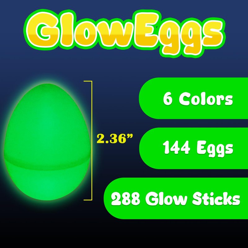 MGparty Glow in The Dark Easter Egg Hunt Set - 144 Fillable Plastic Eggs with 288 Mini Glow Sticks for Kids - Easter Basket Stuffers, Party Favors, Classroom Prizes, and Game Supplies