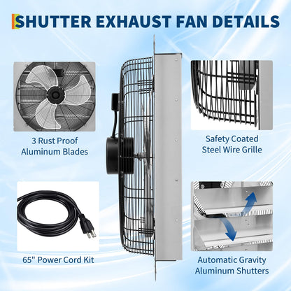 24" Wall Mounted Shutter Exhaust Fan with 5 ft Power Cord, 3500 CFM, 1500 RPM, Auto Shutters, Quiet & Powerful Ventilation for Garage, Attic, Greenhouse, Shed