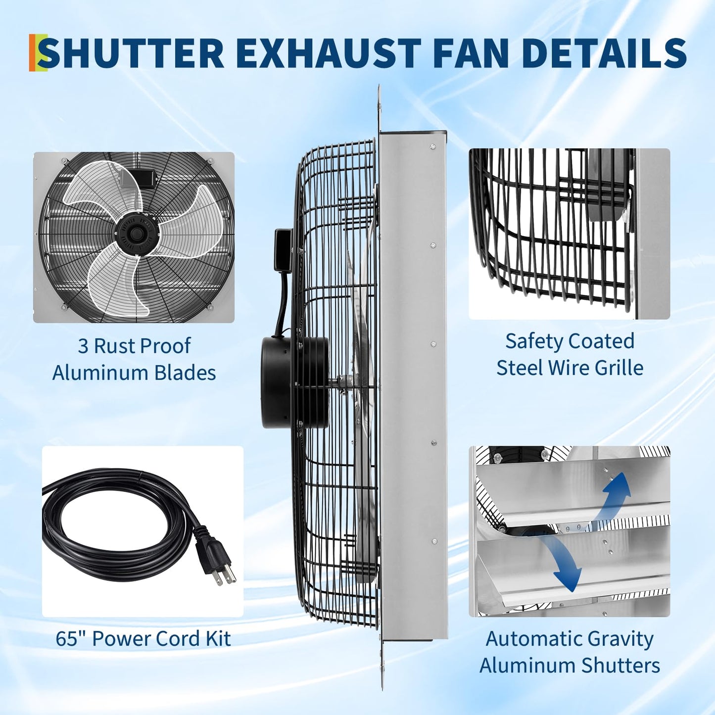 SierraSquad 20" Wall Mounted Shutter Exhaust Fan with 5ft Power Cord – 3500 CFM, 1500 RPM High Velocity Attic Vent Fan with Automatic Shutters, Quiet Operation for Garage, Greenhouse, Shed